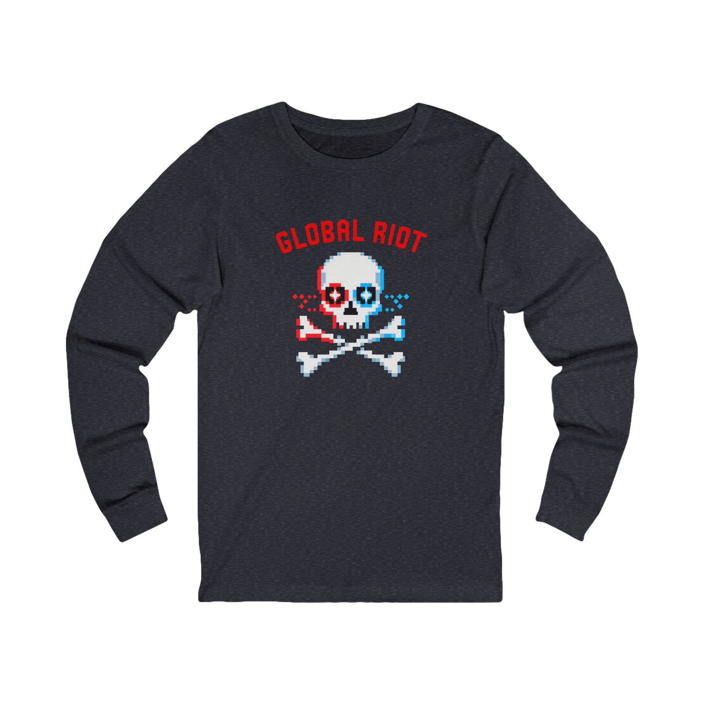 Camiseta unisex de manga larga con calavera pixelada de Global Riot: camiseta con gráfico retro de calavera y huesos cruzados