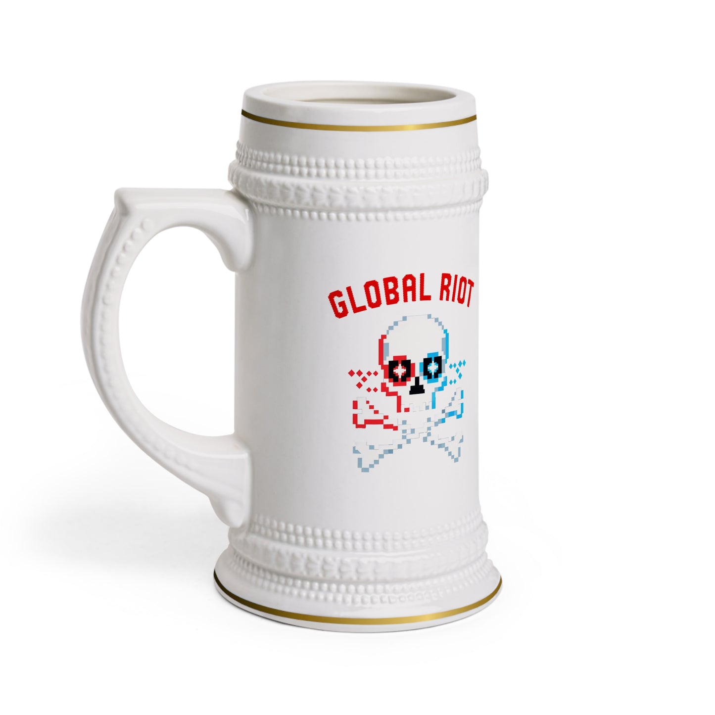 Jarra de cerveza con calavera pixelada de Global Riot