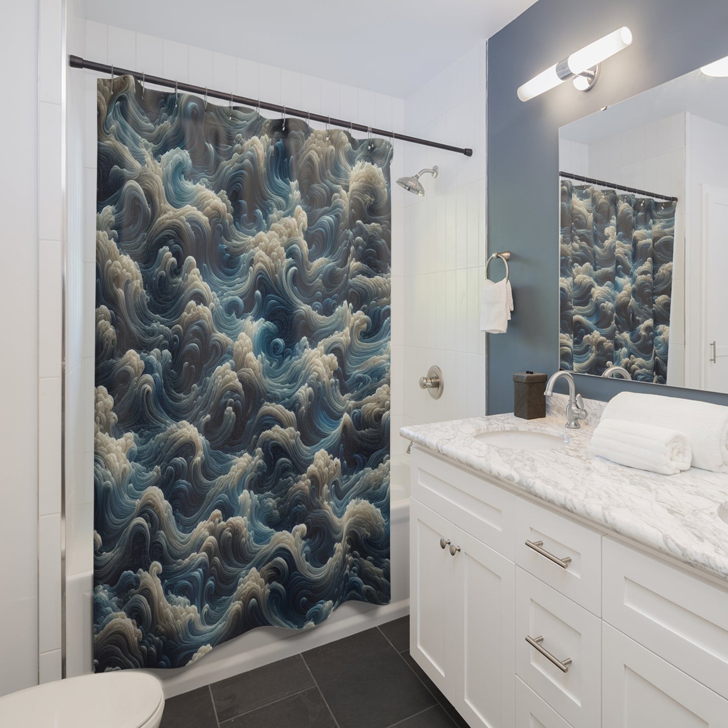 Cortina de ducha con olas del océano - Decoración náutica para el baño