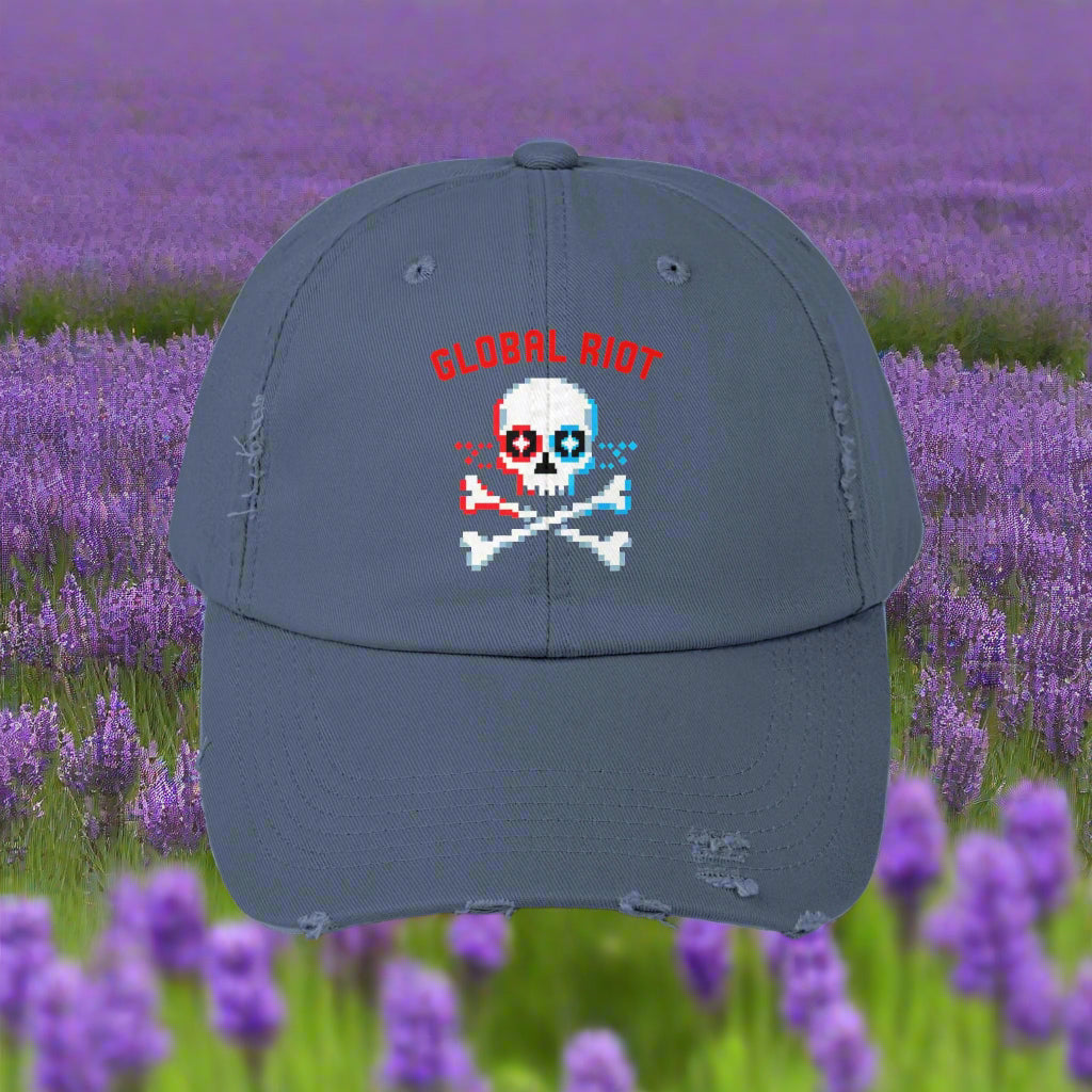 Gorra desgastada con calavera pixelada de Global Riot