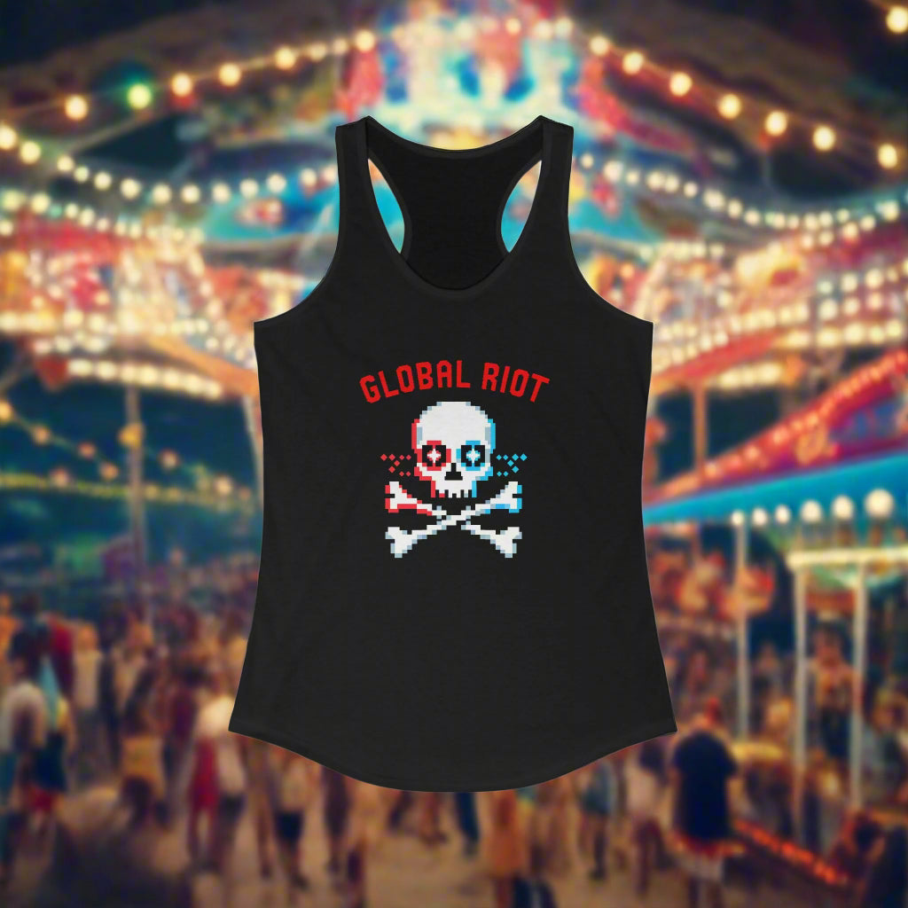 Camiseta sin mangas con espalda deportiva para mujer con calavera pixelada de Global Riot