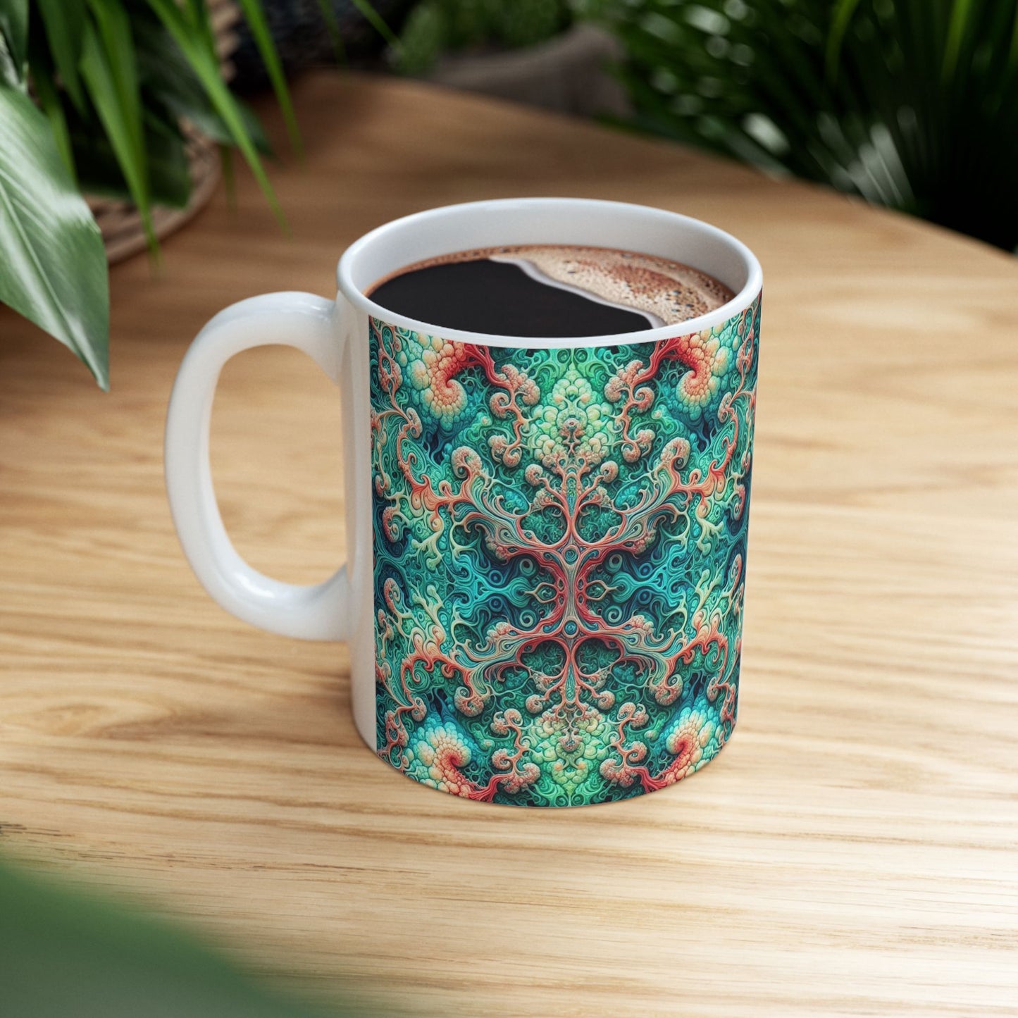 Taza de cerámica de damasco verde psicodélico (325 ml y 433 ml)