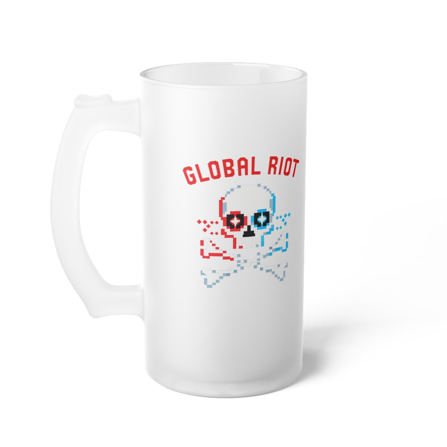 Jarra de cerveza de vidrio esmerilado con calavera pixelada de Global Riot