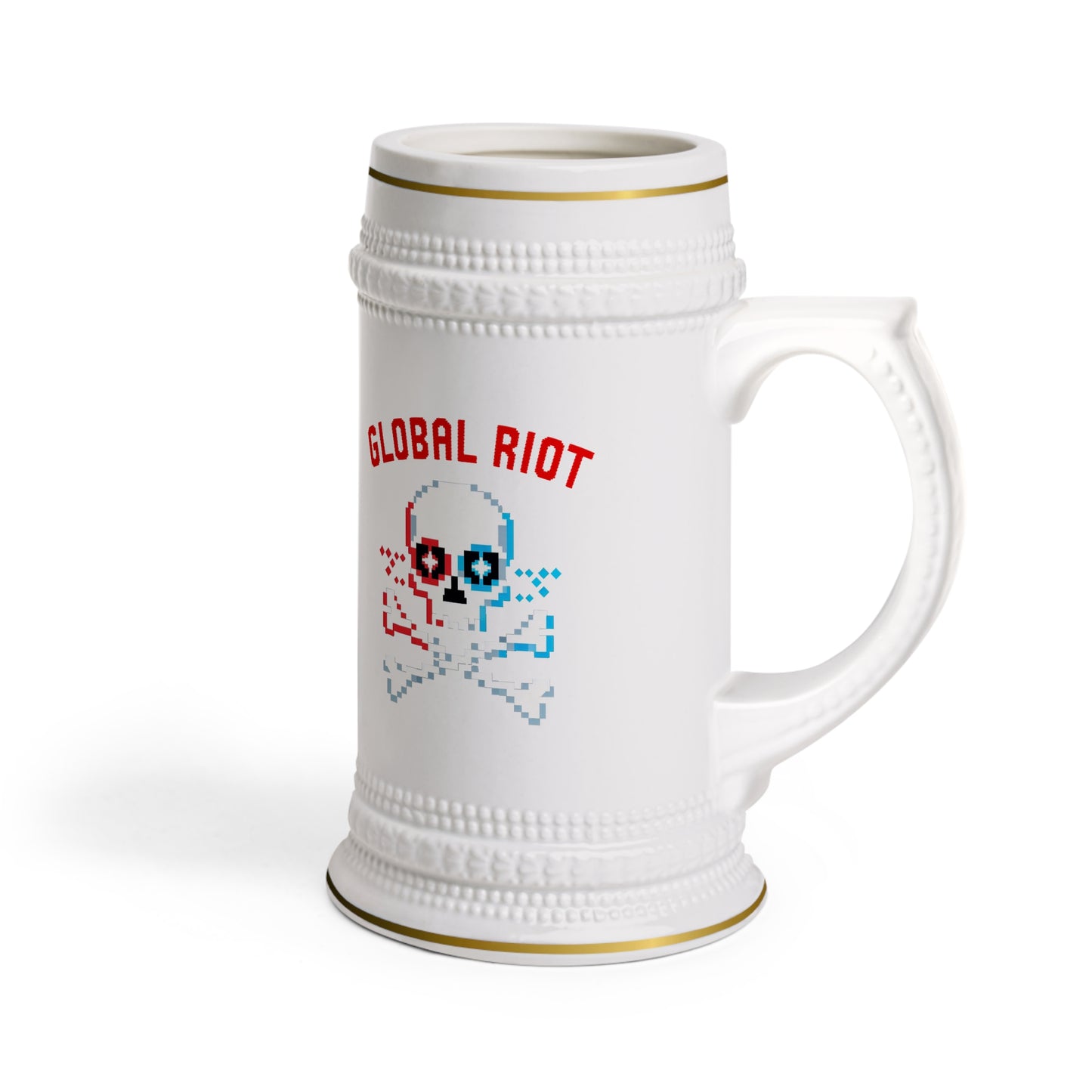Jarra de cerveza con calavera pixelada de Global Riot