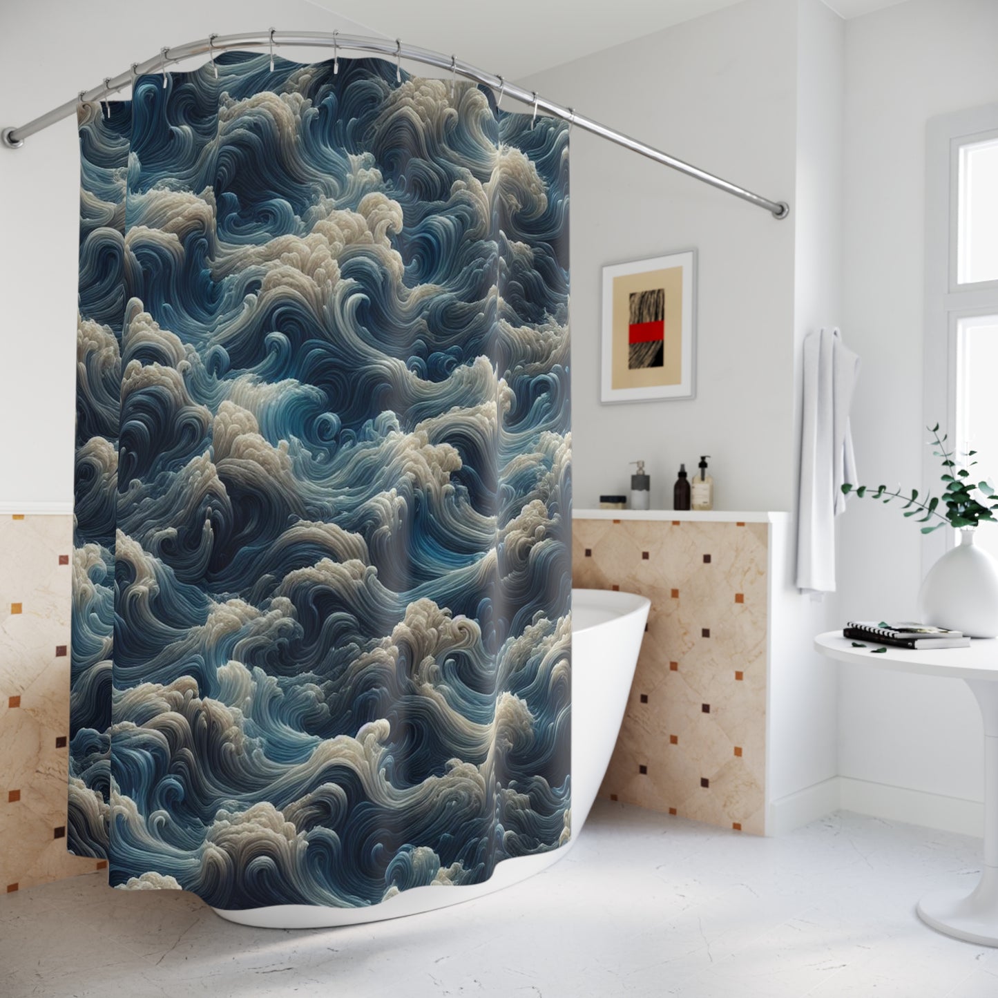 Cortina de ducha con olas del océano - Decoración náutica para el baño