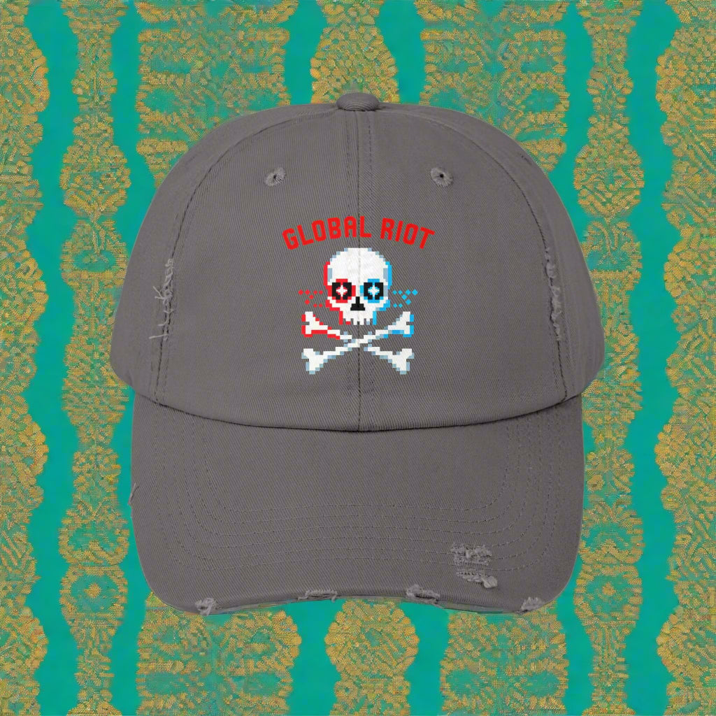 Gorra desgastada con calavera pixelada de Global Riot
