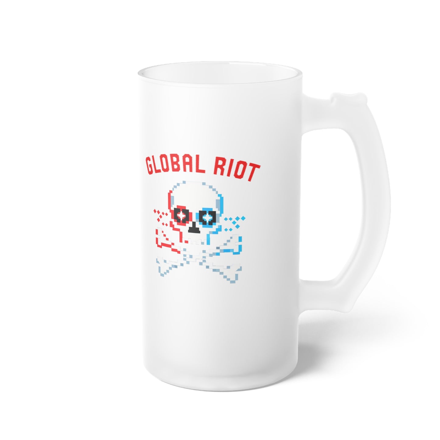 Jarra de cerveza de vidrio esmerilado con calavera pixelada de Global Riot