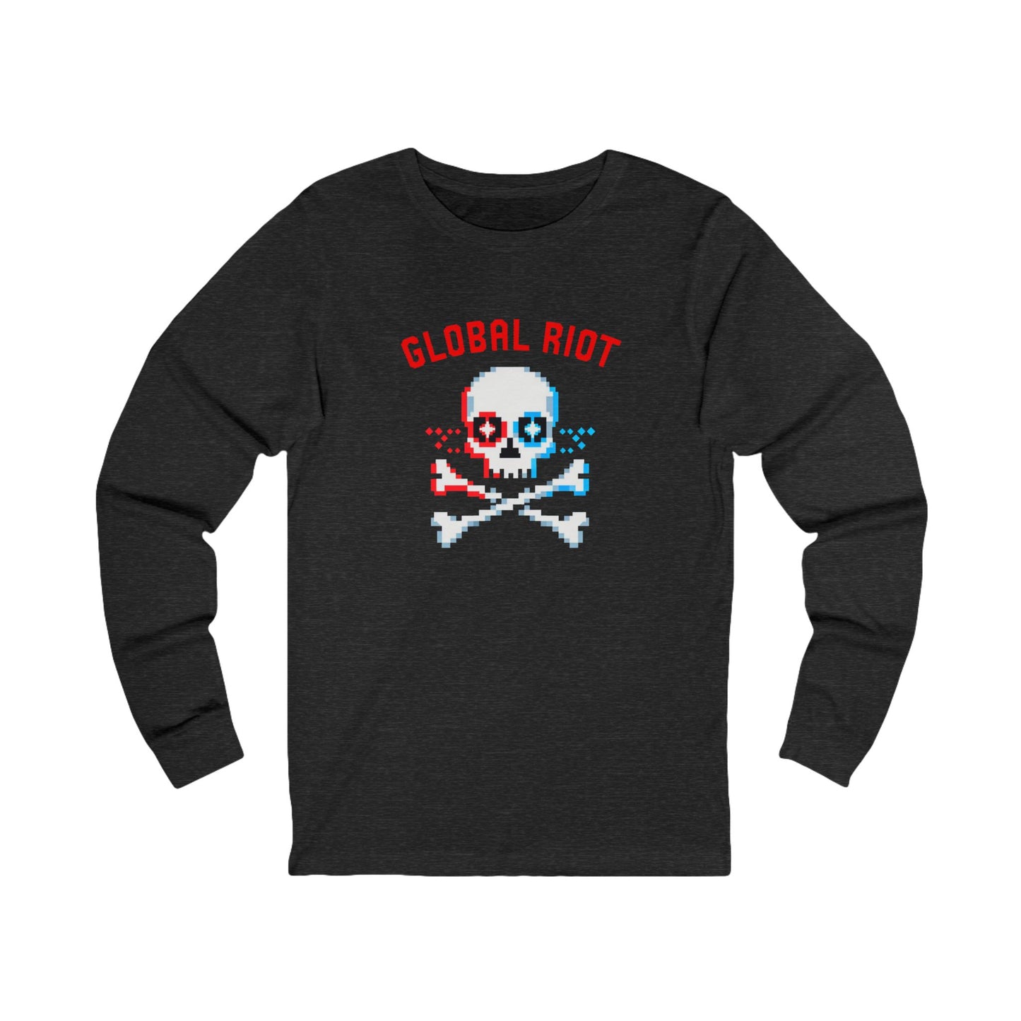 Camiseta unisex de manga larga con calavera pixelada de Global Riot: camiseta con gráfico retro de calavera y huesos cruzados