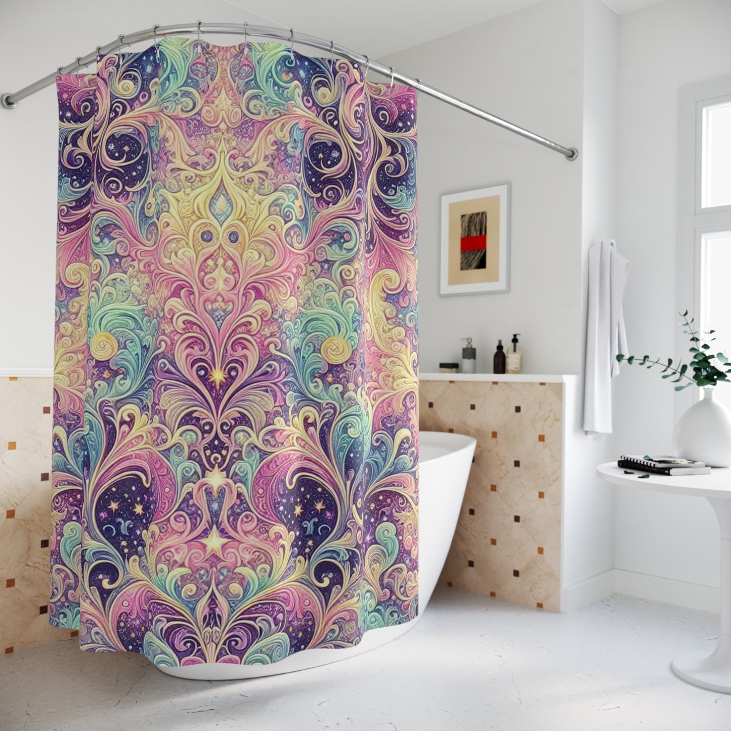 Cortina de ducha bohemia vibrante: diseño floral colorido para una renovación de baño alegre
