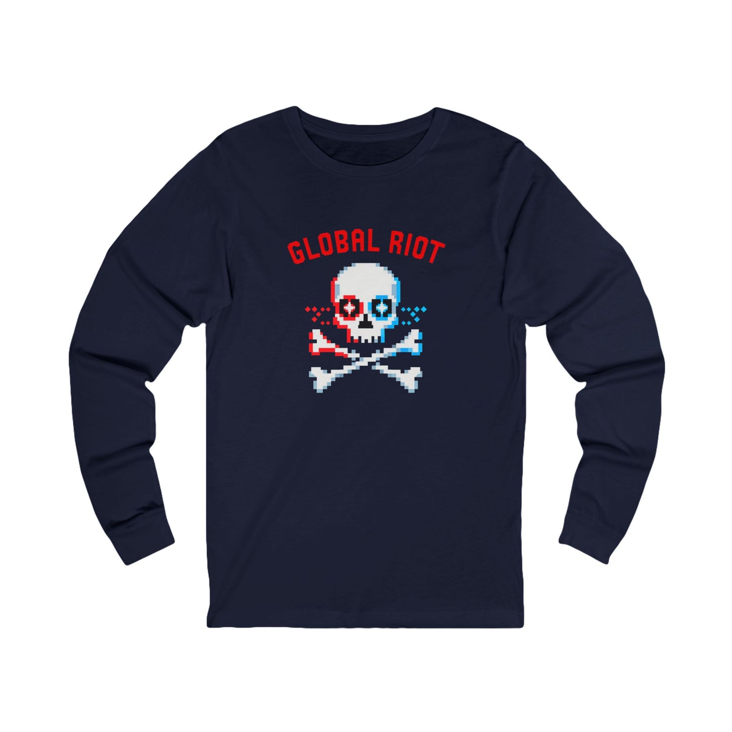 Camiseta unisex de manga larga con calavera pixelada de Global Riot: camiseta con gráfico retro de calavera y huesos cruzados