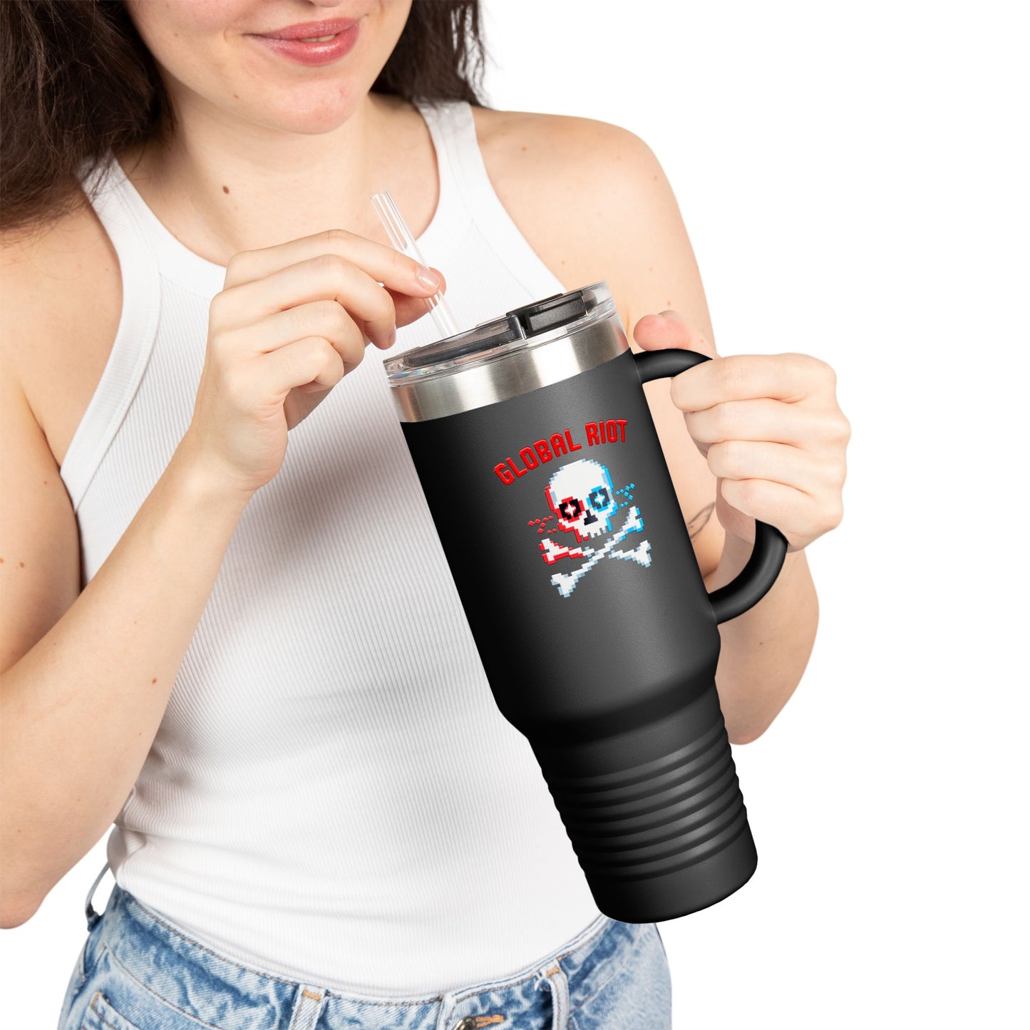 Taza de viaje térmica con calavera pixelada de Global Riot, 114 g