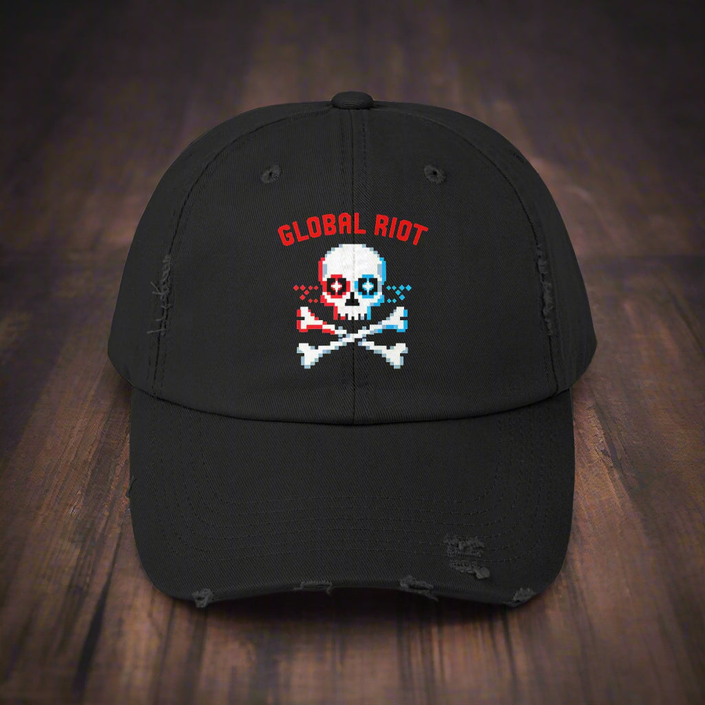 Gorra desgastada con calavera pixelada de Global Riot