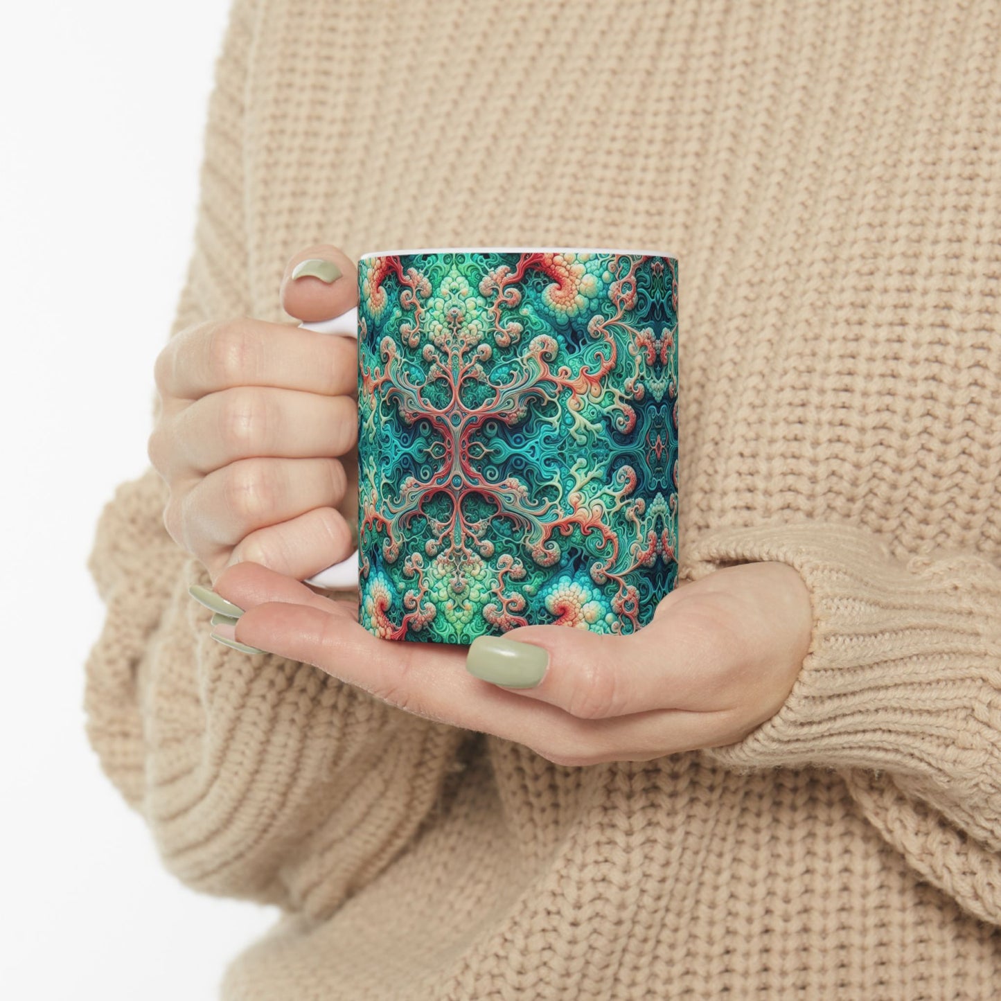 Taza de cerámica de damasco verde psicodélico (325 ml y 433 ml)