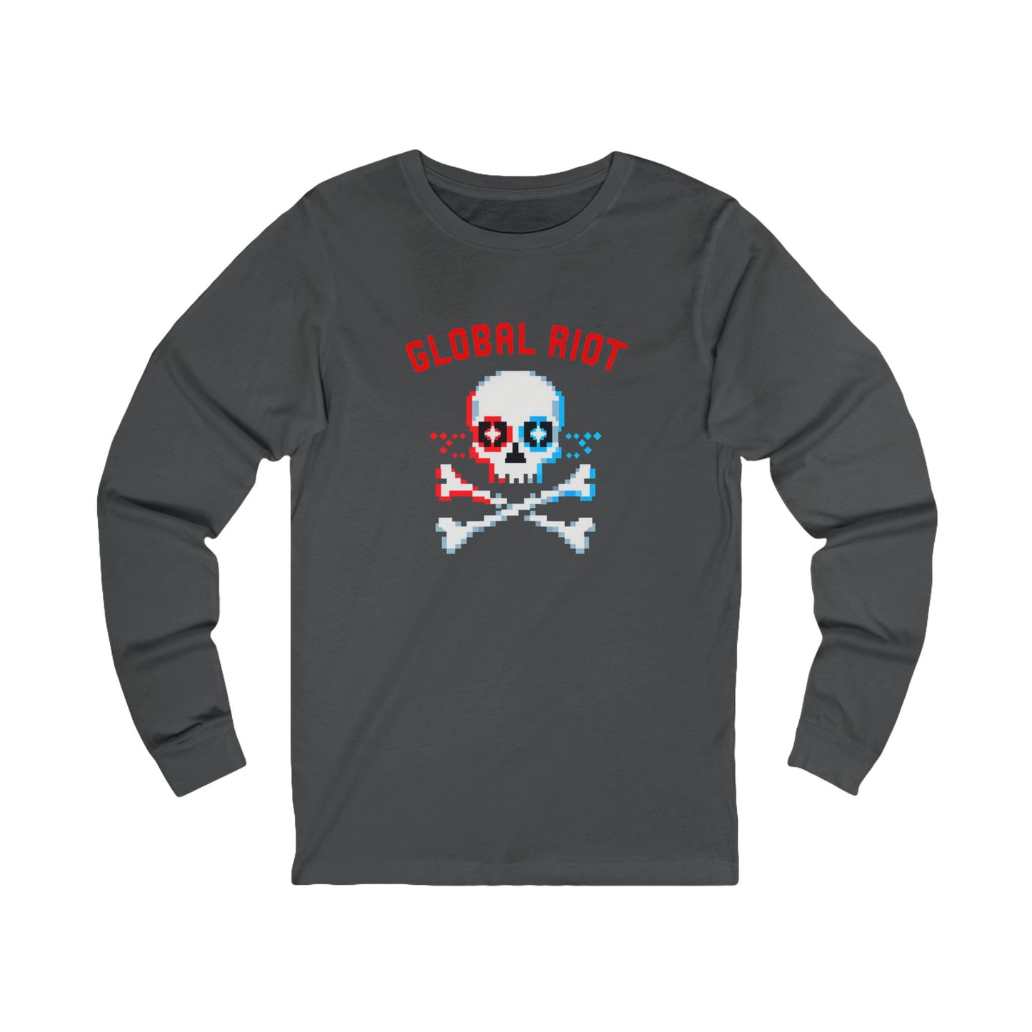 Camiseta unisex de manga larga con calavera pixelada de Global Riot: camiseta con gráfico retro de calavera y huesos cruzados