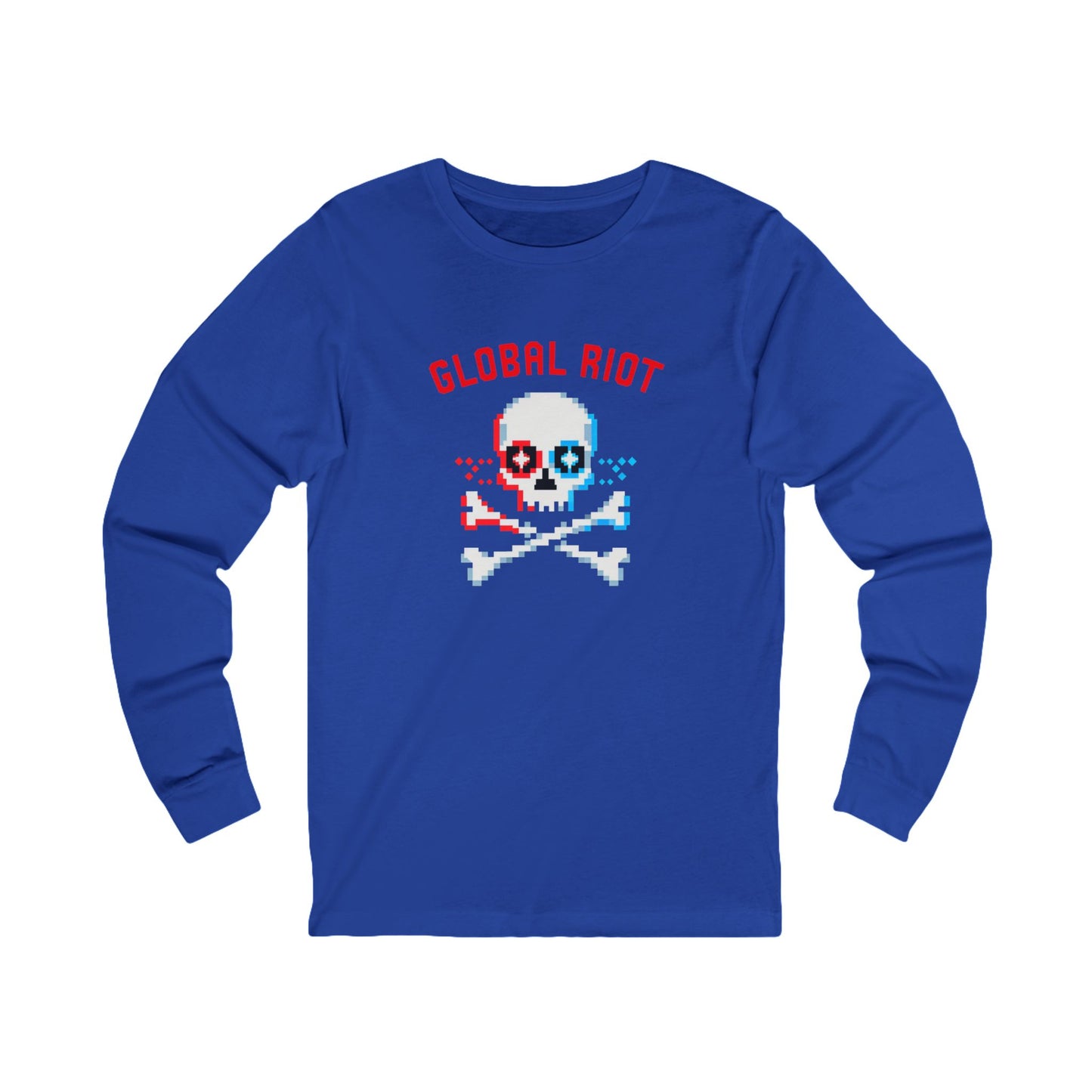 Camiseta unisex de manga larga con calavera pixelada de Global Riot: camiseta con gráfico retro de calavera y huesos cruzados