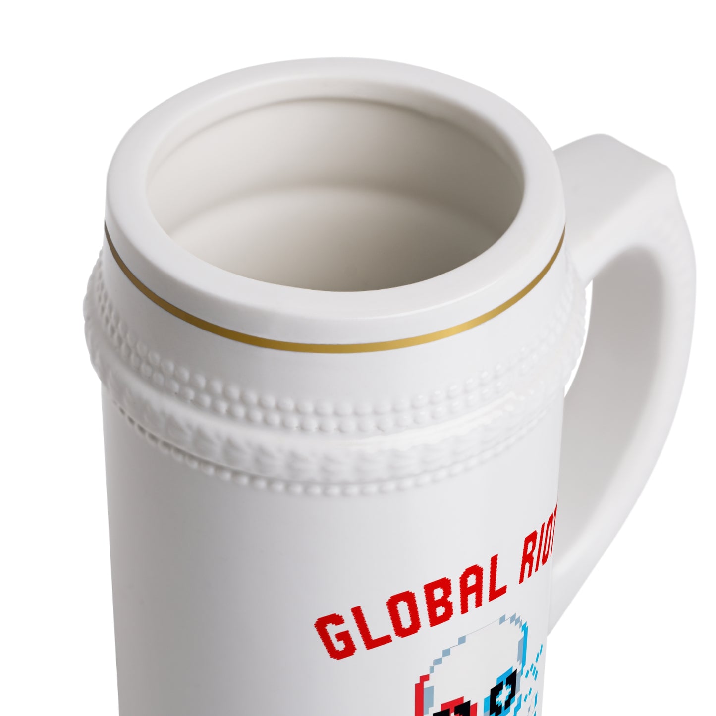Jarra de cerveza con calavera pixelada de Global Riot