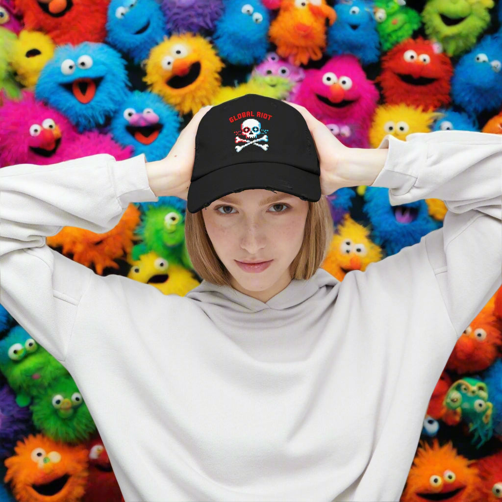 Gorra desgastada con calavera pixelada de Global Riot