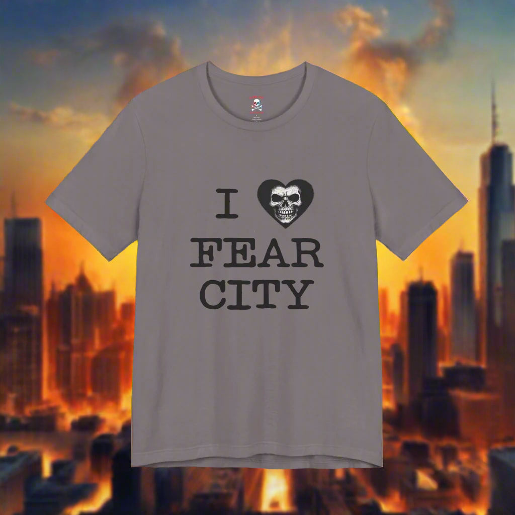 Gray t-shirt with 'I ❤️ FEAR CITY' text against a cityscape background