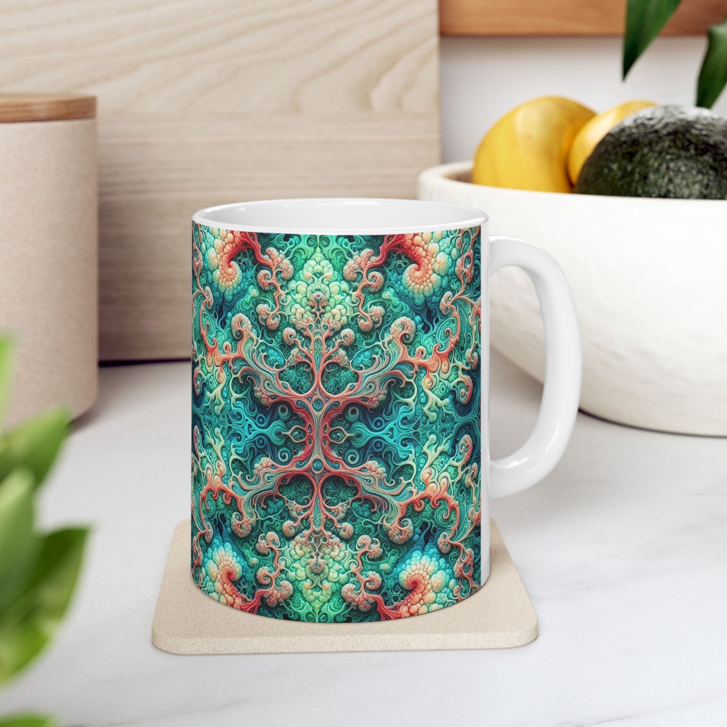 Taza de cerámica de damasco verde psicodélico (325 ml y 433 ml)