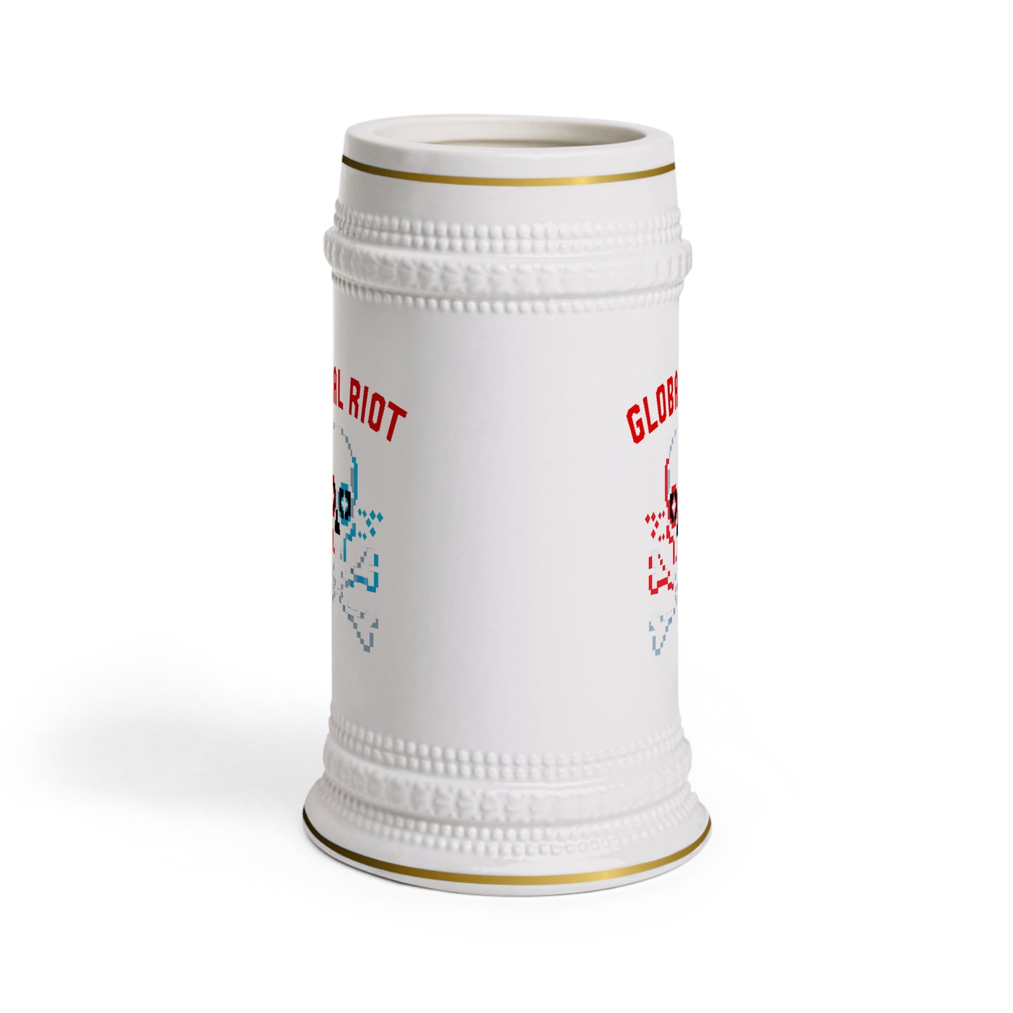 Jarra de cerveza con calavera pixelada de Global Riot