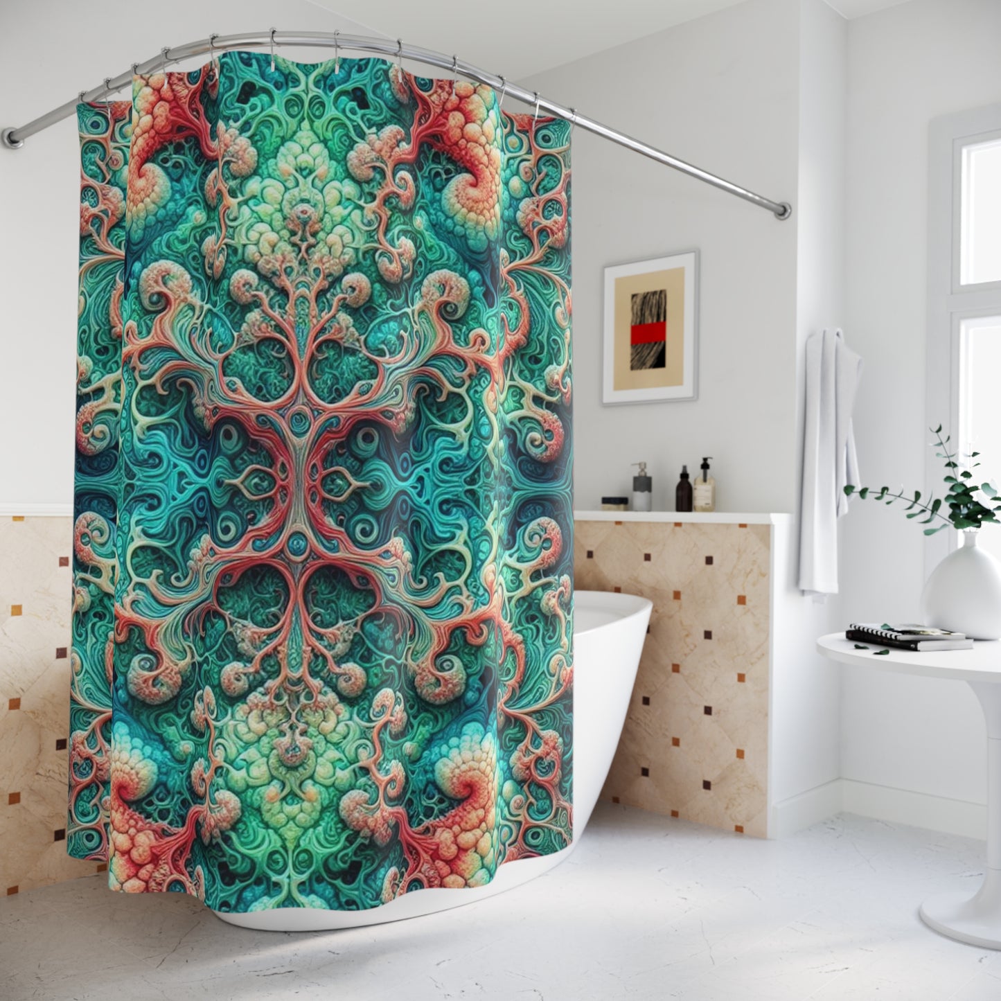 Cortina de ducha bohemia vibrante: diseño abstracto de remolinos para baños coloridos 