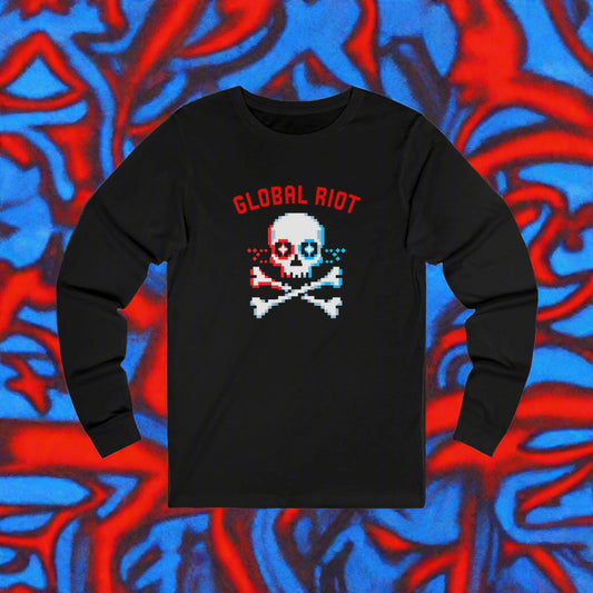 Camiseta unisex de manga larga con calavera pixelada de Global Riot: camiseta con gráfico retro de calavera y huesos cruzados 
